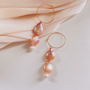 Real Pink peach Drop coin pearl hoop earrings